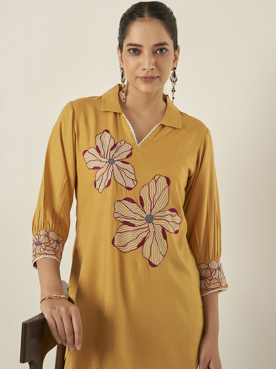 

Anouk Mustard Yellow Embroidered Thread Work Shirt Collar Liva Straight Kurta