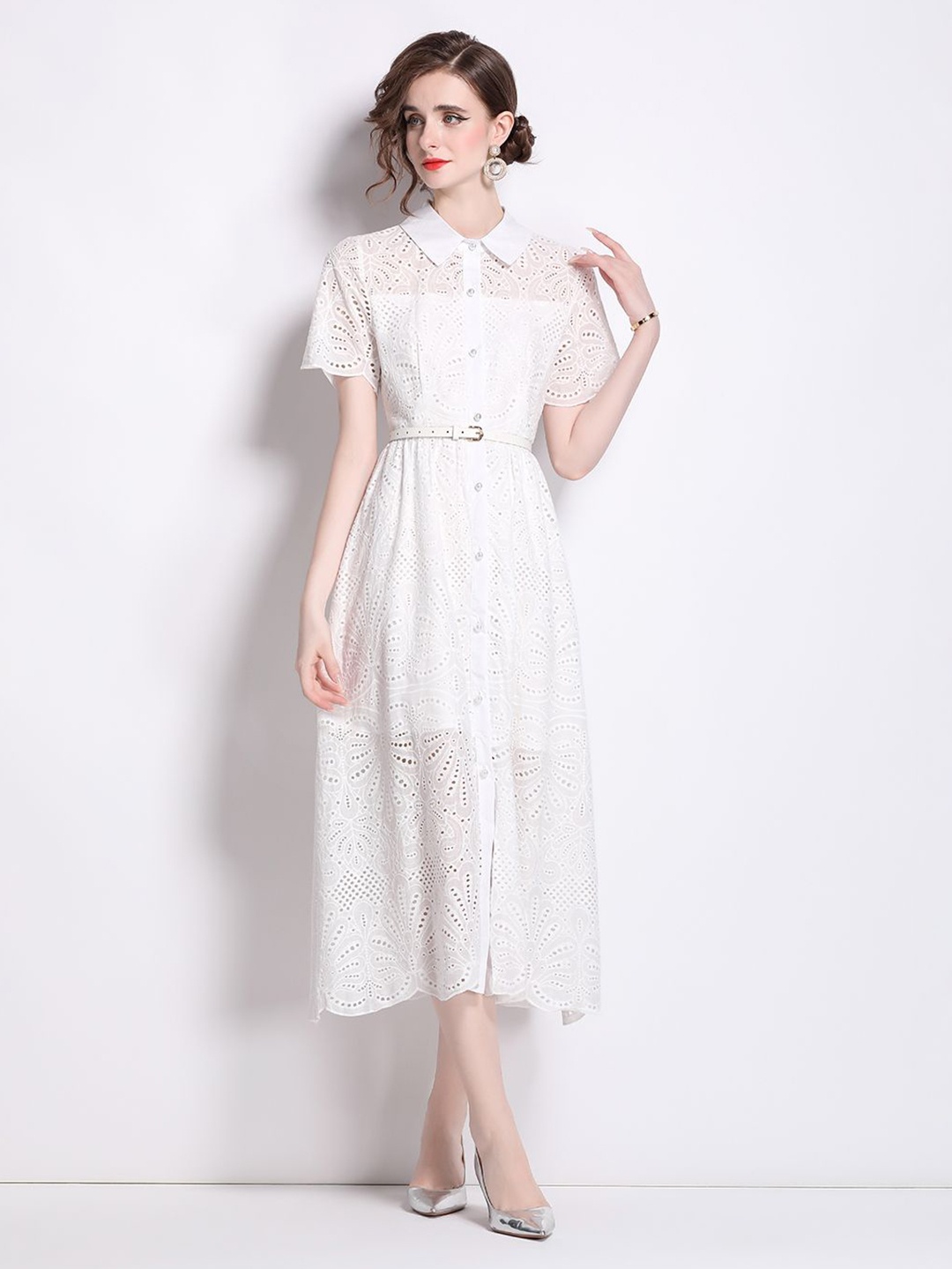 

JC Collection Women Self Design Shirt Collar Shirt Midi Dress, White