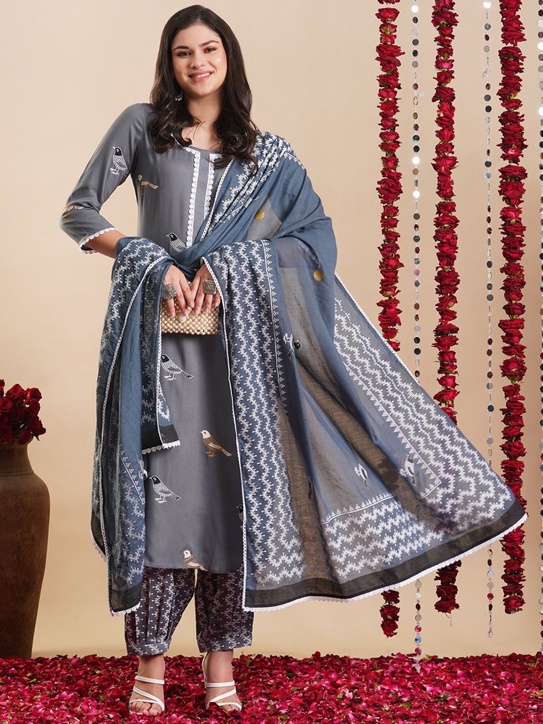 

Anni Designer Quirky Printed Round Neck Straight Kurta with Trouser & Dupatta, Grey