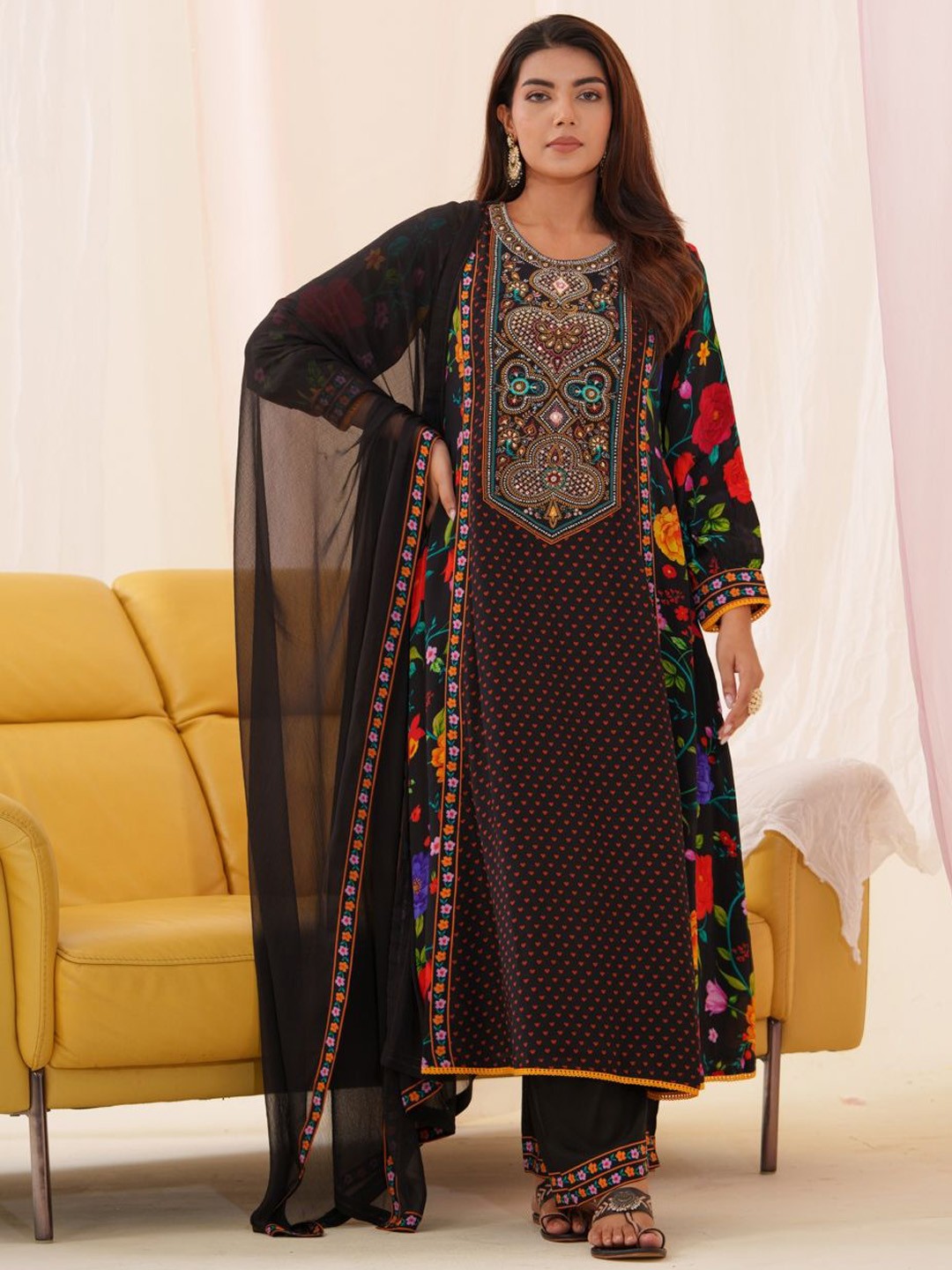 

Sangria Embroidered Sequinned A Line Kurta With Trousers & Dupatta, Black