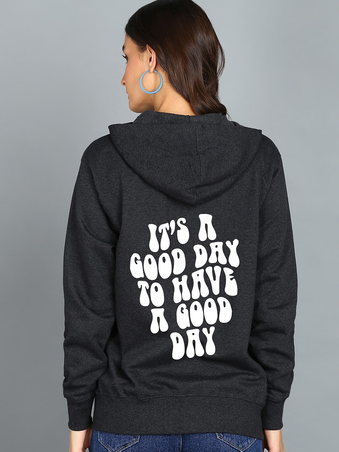 

FALTU.CO Women Printed Zip Detail Hooded Cotton Sweatshirt, Charcoal