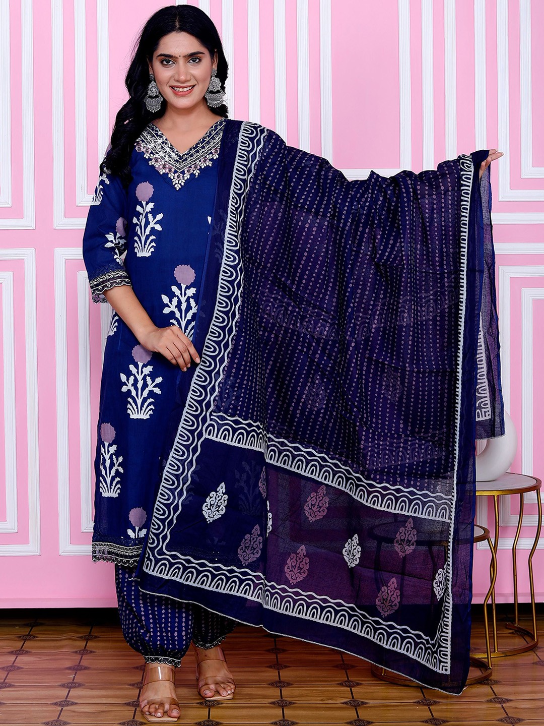 

Shriji fashion Floral Printed Zari Work Pure Cotton Kurta With Trouser & Dupatta, Blue