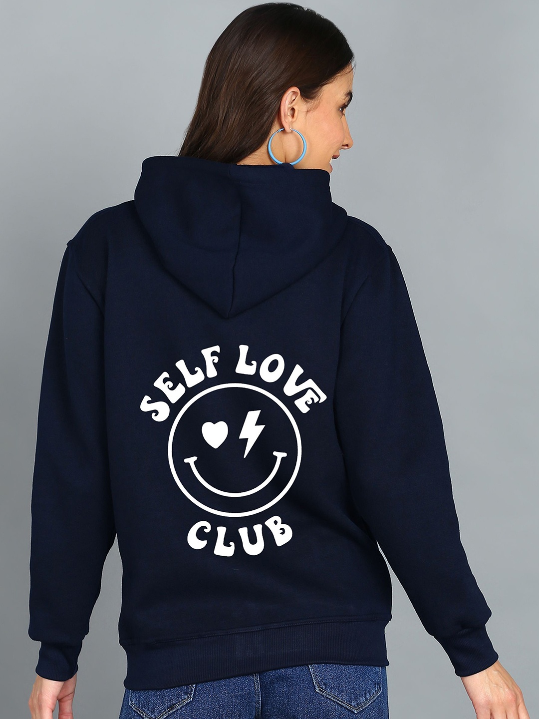 

FALTU.CO Women Typography Printed Zip Detail Hooded Sweatshirt, Navy blue
