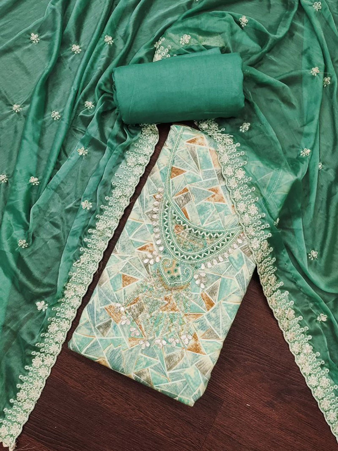 

ASISA Geometric Embroidered Beads and Stones Pure Cotton Unstitched Dress Material, Turquoise blue