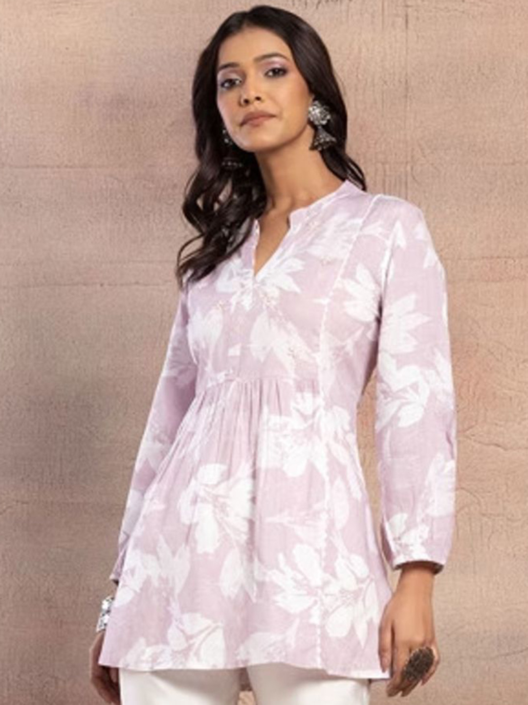 

NIJANAND TEXTILE Printed Pure Cotton Long Sleeve Tunic & Trouser Co-Ords, Pink