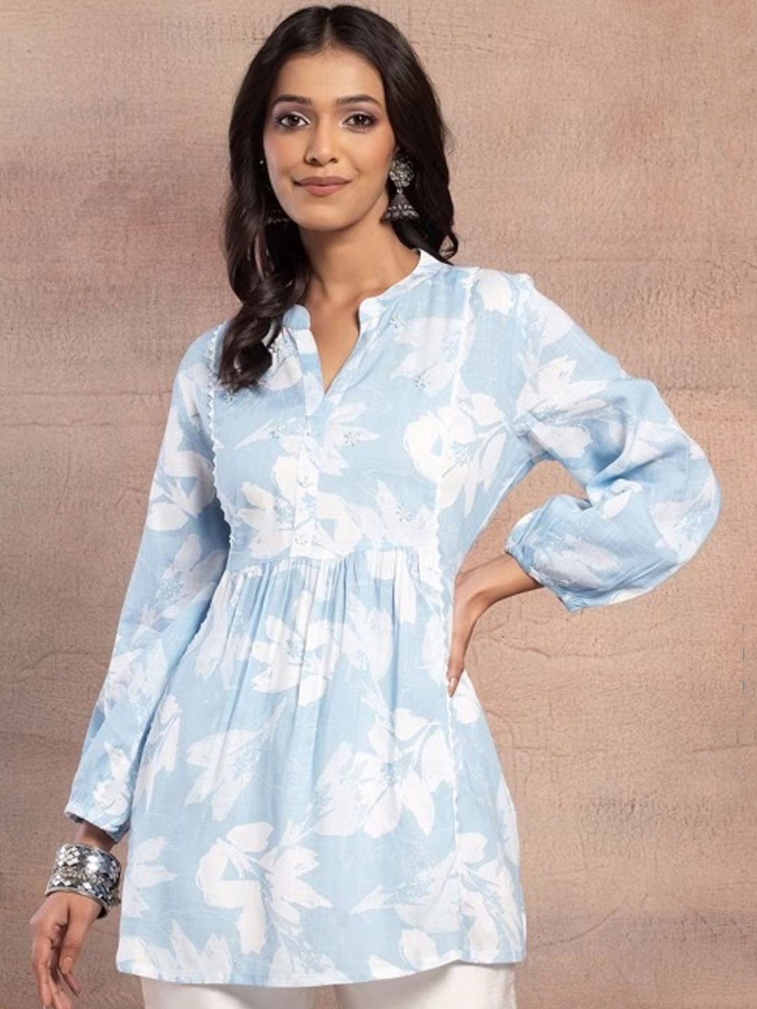 

NIJANAND TEXTILE Printed Mandarin Collar Pure Cotton Tunic With Trouser, Blue