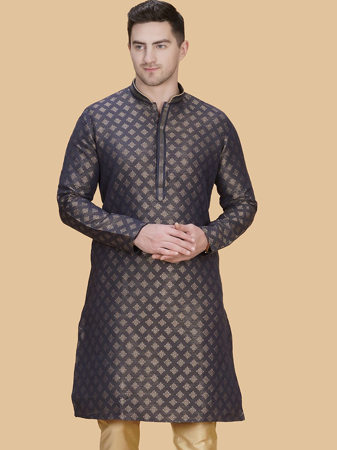 

LA'SCOOT Ethnic Motifs Printed Mandarin Collar Pure Cotton Kurta with Churidar, Grey
