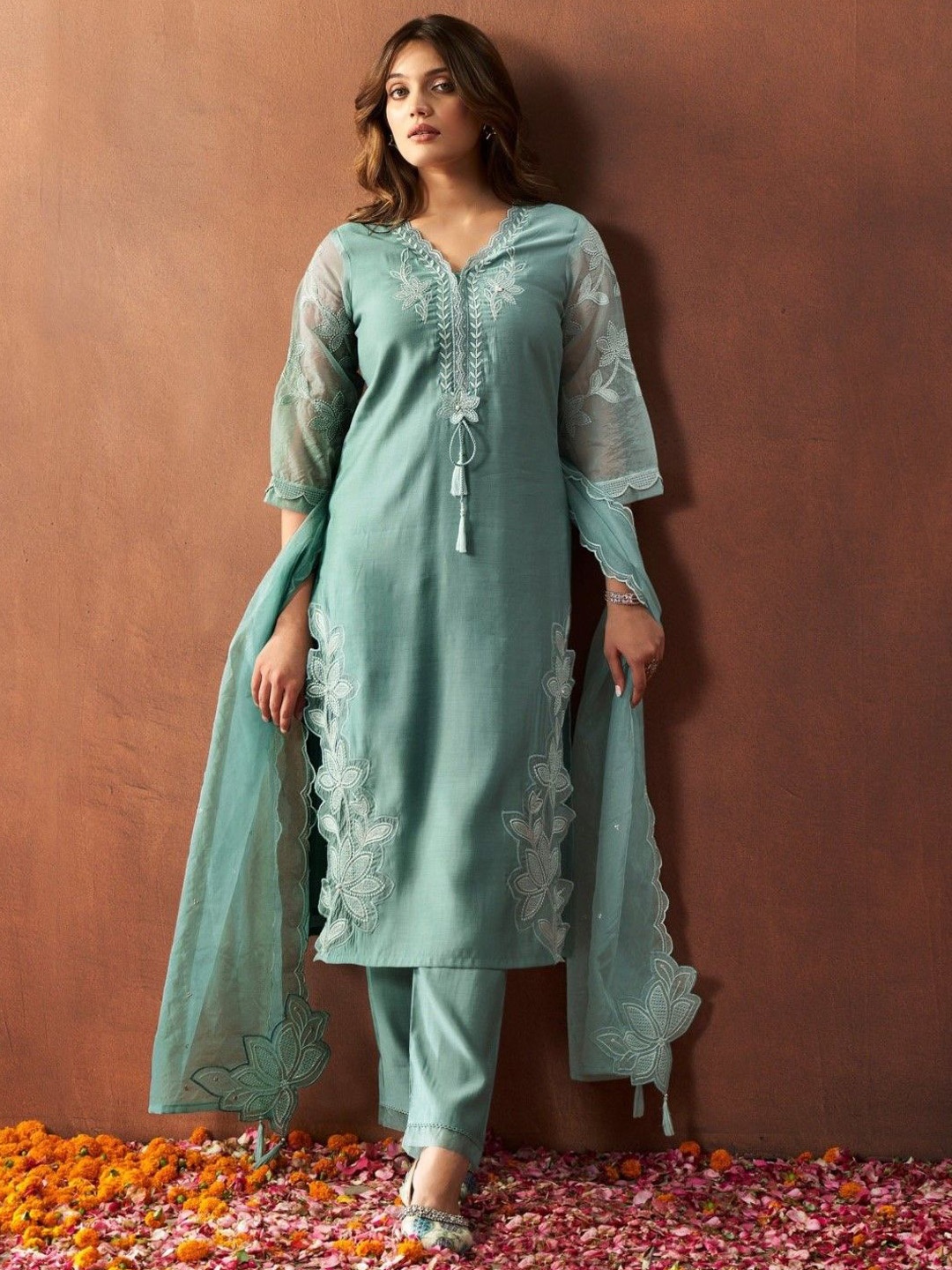 

AUTUMN LANE Floral Embroidered Straight Kurta With Trousers & Dupatta, Blue