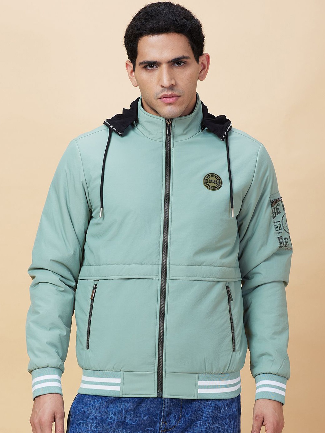 

Being Human Men Green Mock Collar Long Sleeves Bomber with Embroidered Jacket