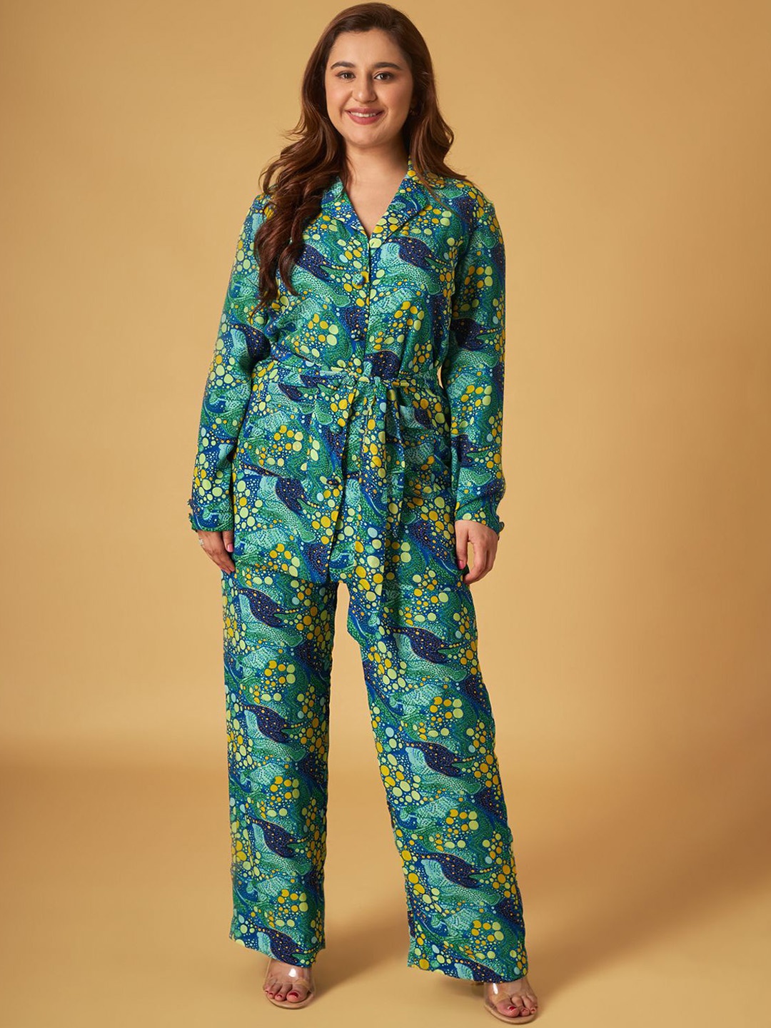 

Maisolos Printed Shawl Neck Pure Cotton Tunic & Trouser, Green