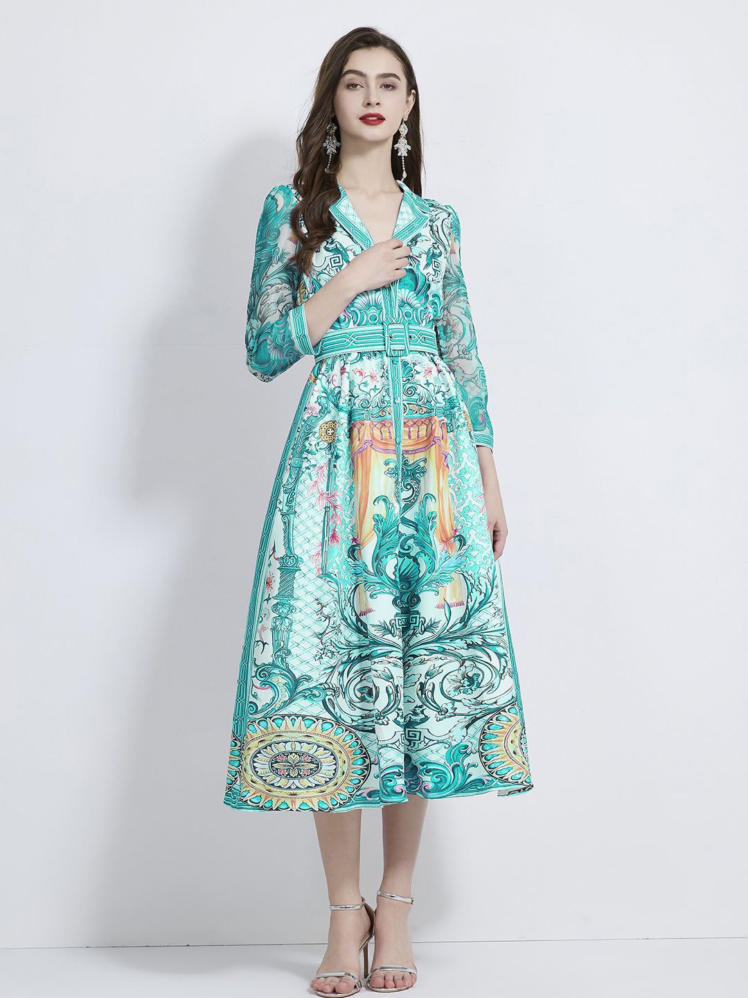 

JC Collection Ethnic Motifs Printed Fit & Flare Midi Dress, Sea green