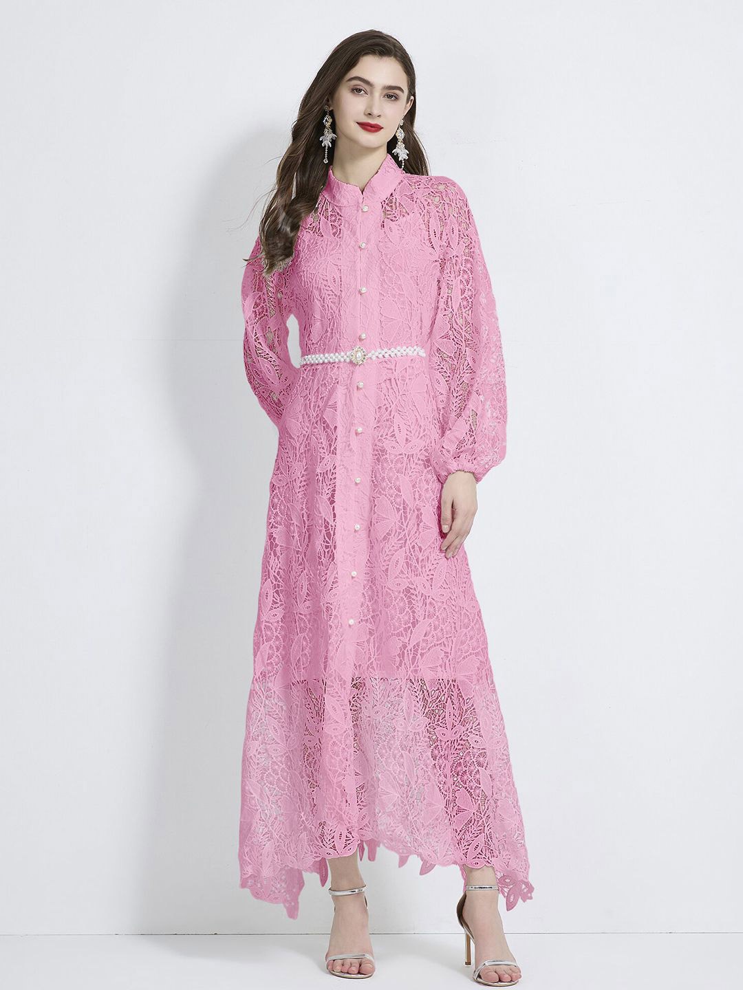 

JC Collection Women Self Design Shirt Collar Maxi Dress, Pink
