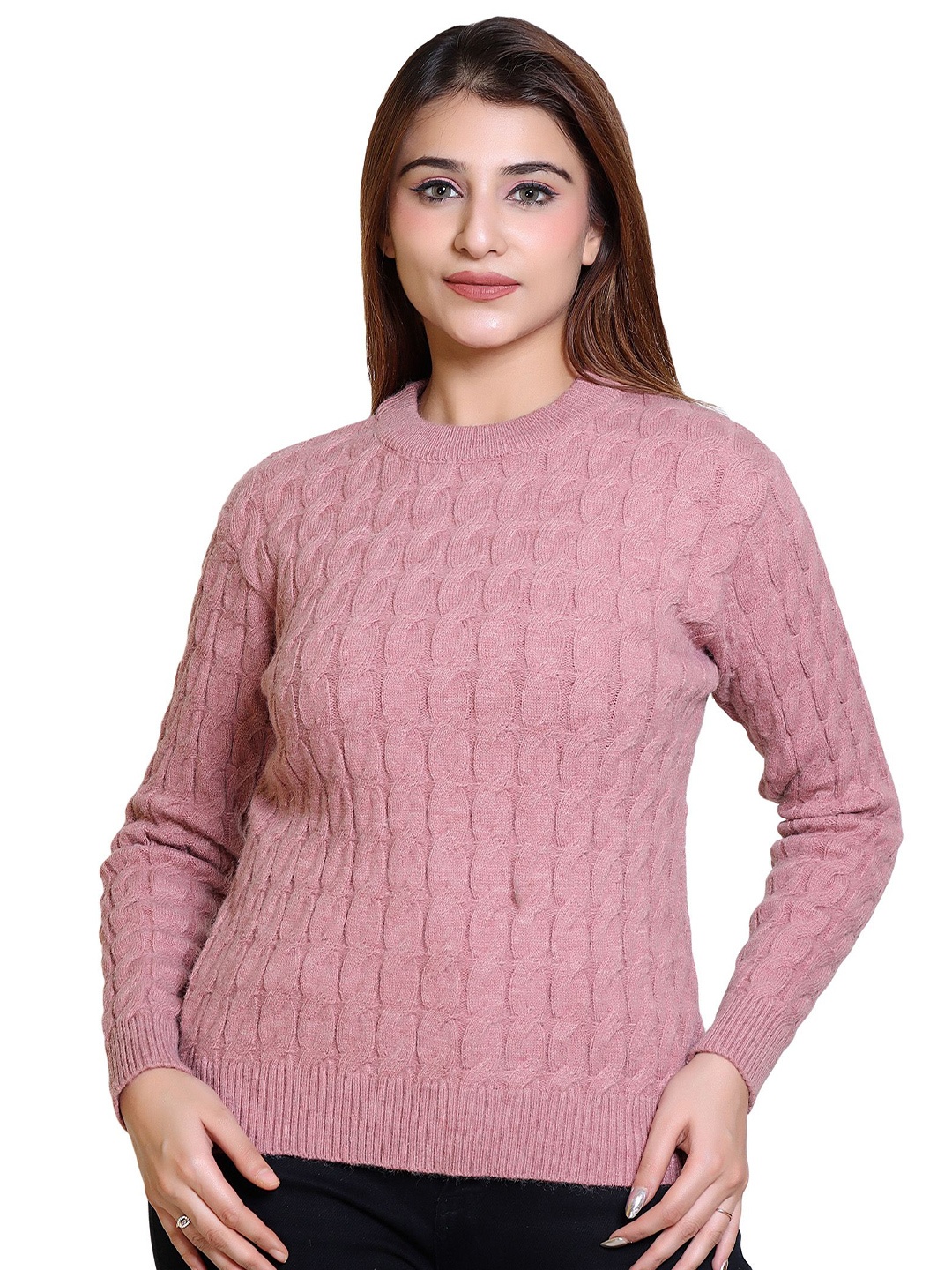 

LEZA Women Cable Knit Round Neck Pullover Sweater, Pink