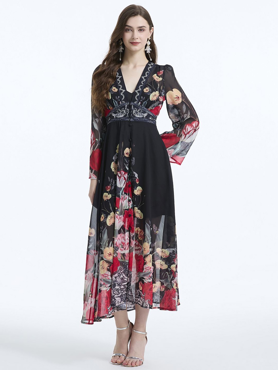 

JC Collection Women Floral Printed V-Neck Flared Sleeves Maxi Dress, Black
