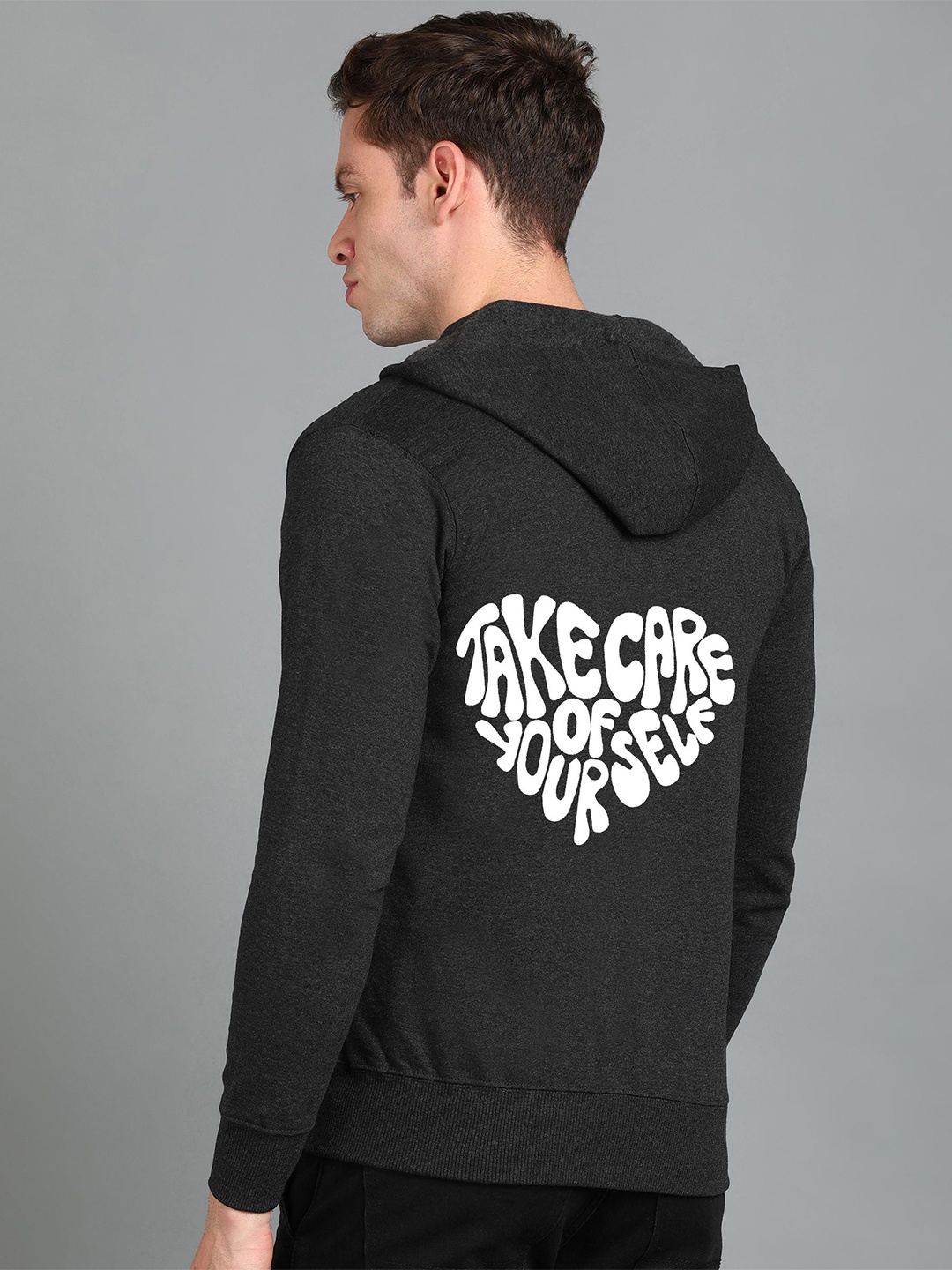 

FALTU.CO Men Printed Hooded Pure Cotton Sweatshirt, Charcoal