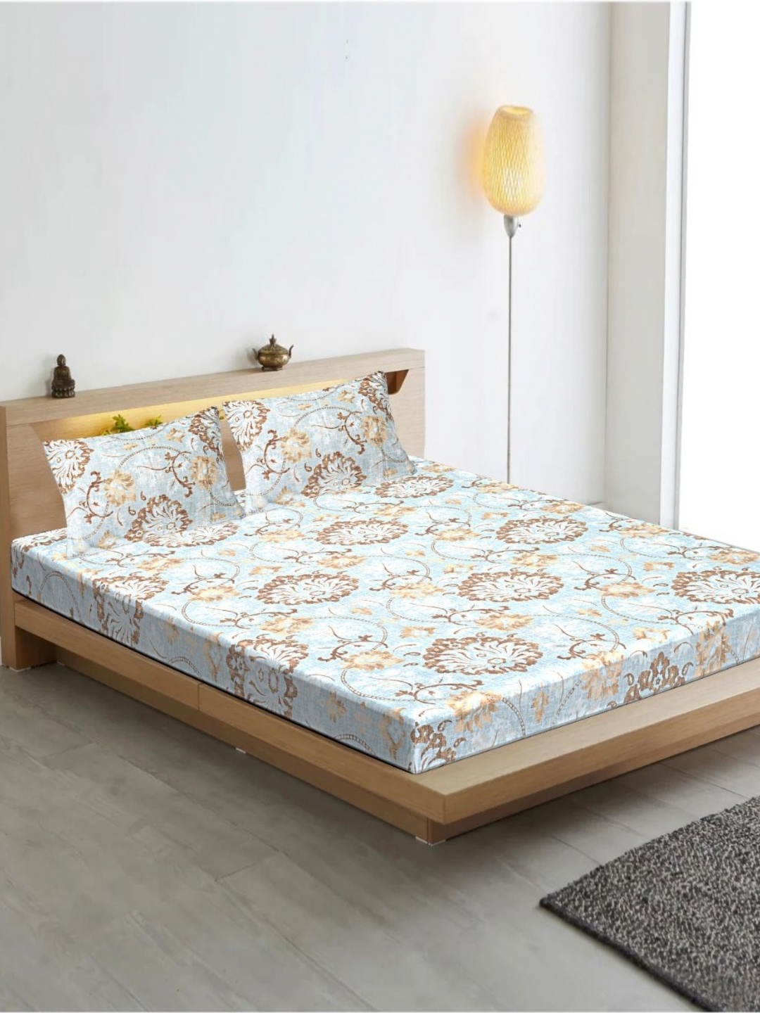 

INDHOME LIFE Blue & Brown Floral Fitted Cotton 210 TC Queen Bedsheet with 2 Pillow Covers