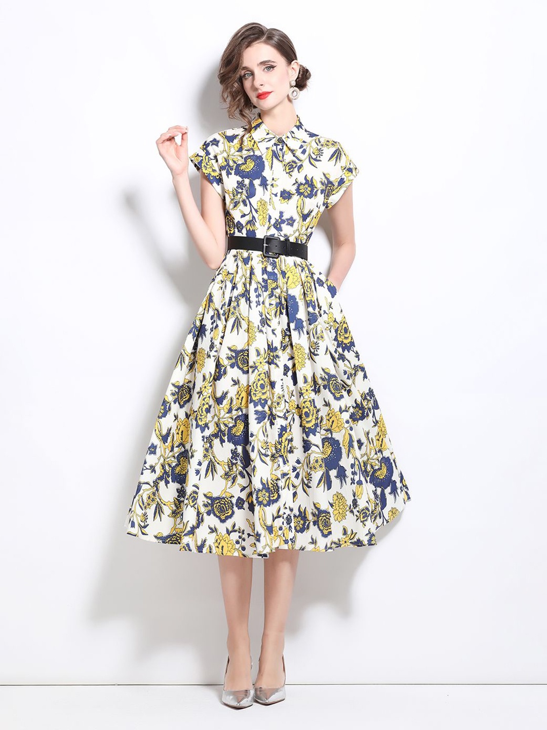 

JC Collection Floral Print Flared Sleeve Fit & Flare Midi Dress, Yellow