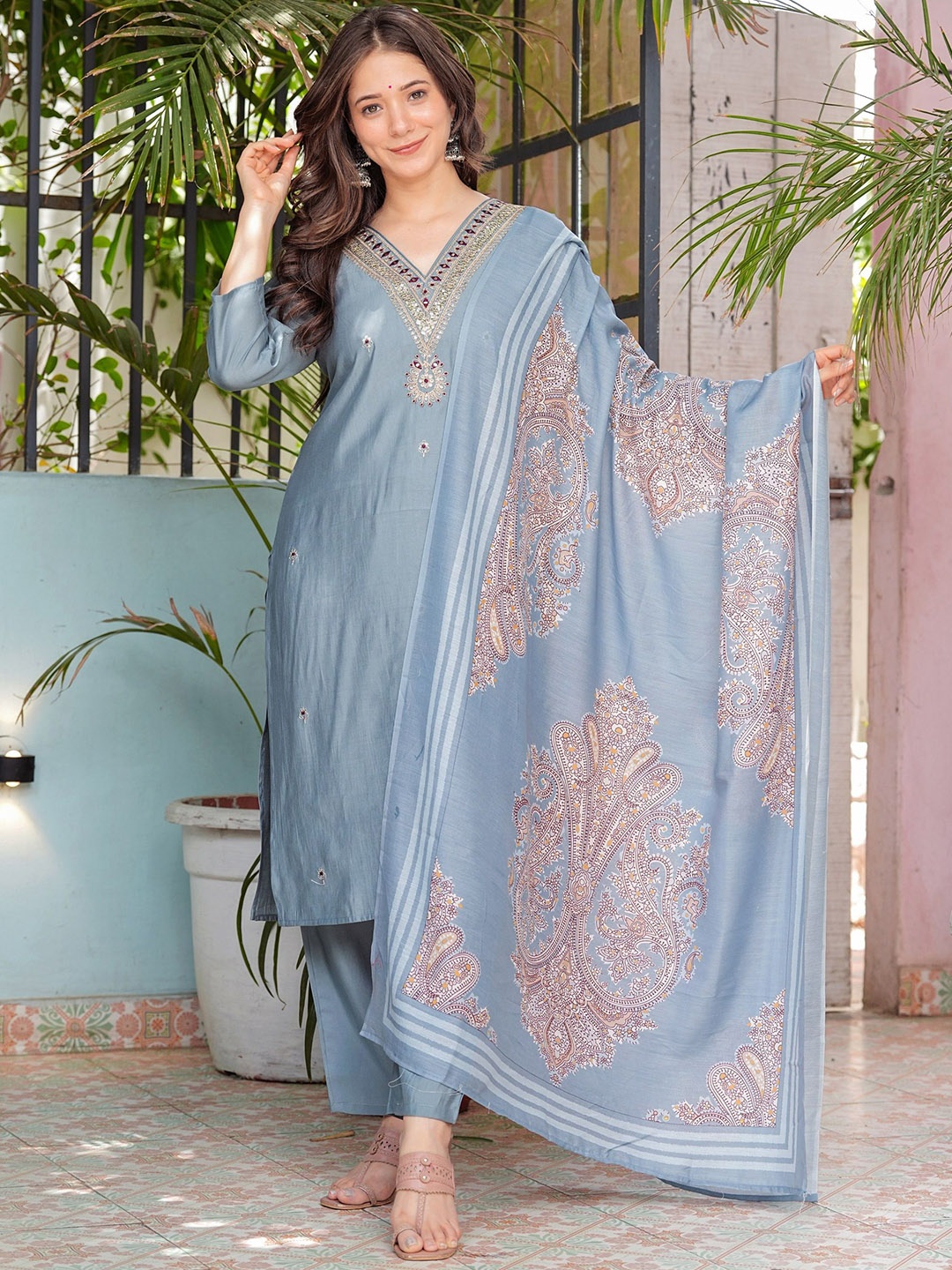 

MILAAV Ethnic Motifs Embroidered Mirror Work Straight Kurta With Trousers & Dupatta, Blue