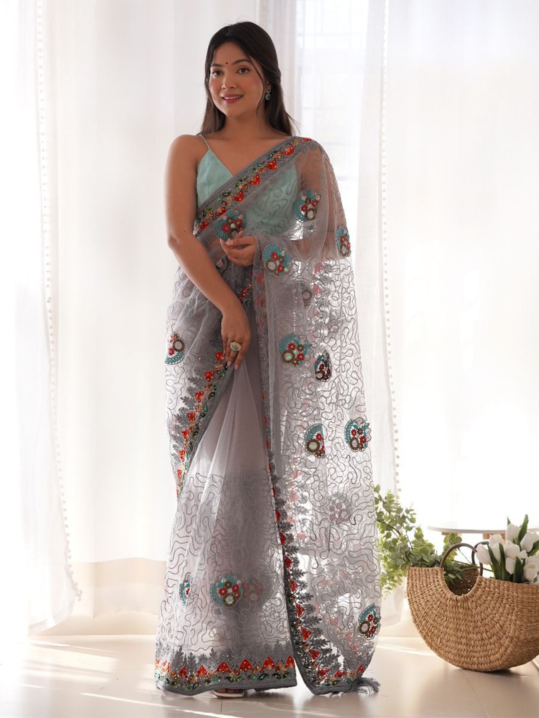 

Celeb Styles Floral Beads and Stones Net Embroidered Saree, Grey