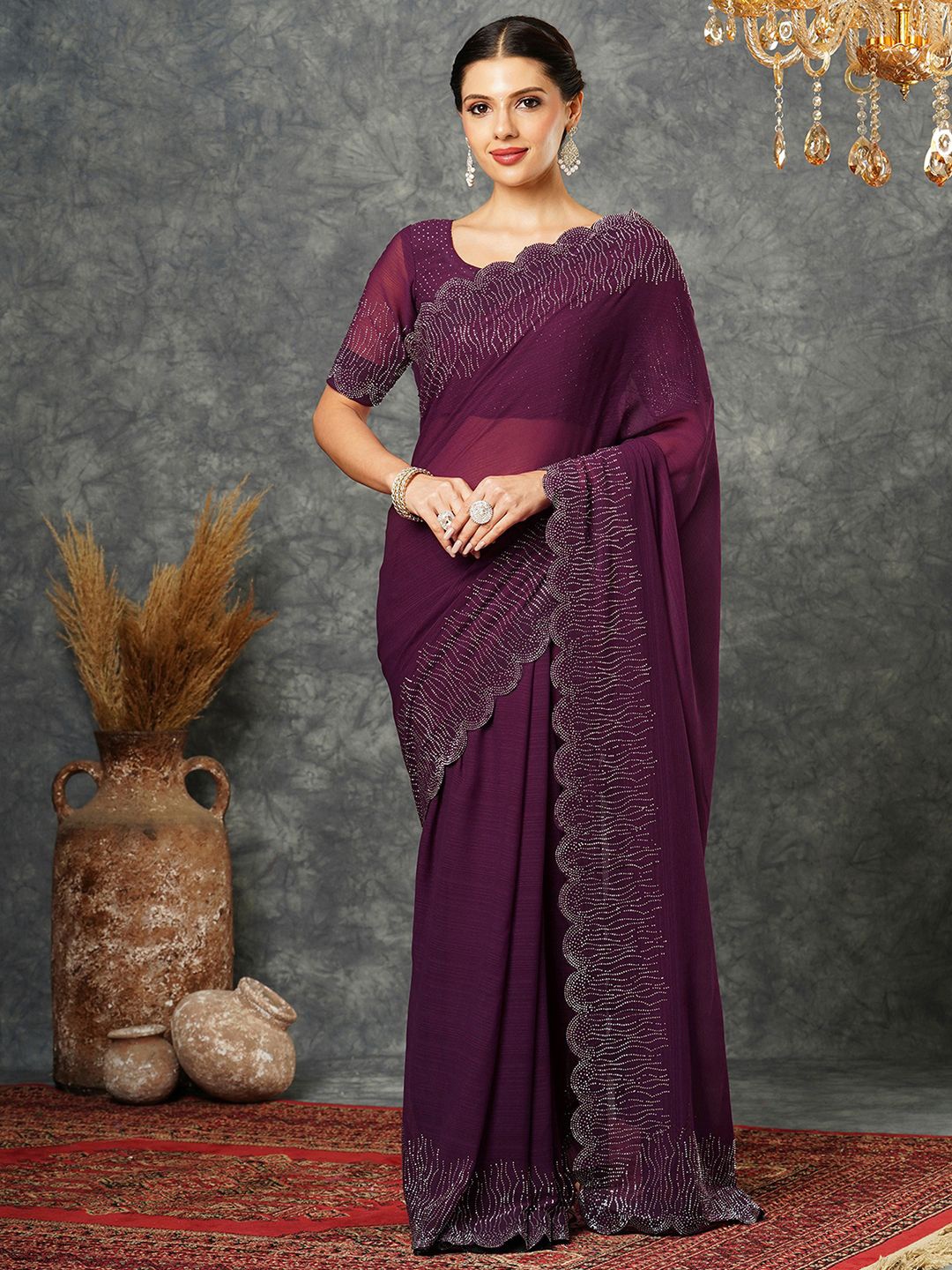 

Satrani Embellished Beads and Stones Pure Georgette Saree, Purple