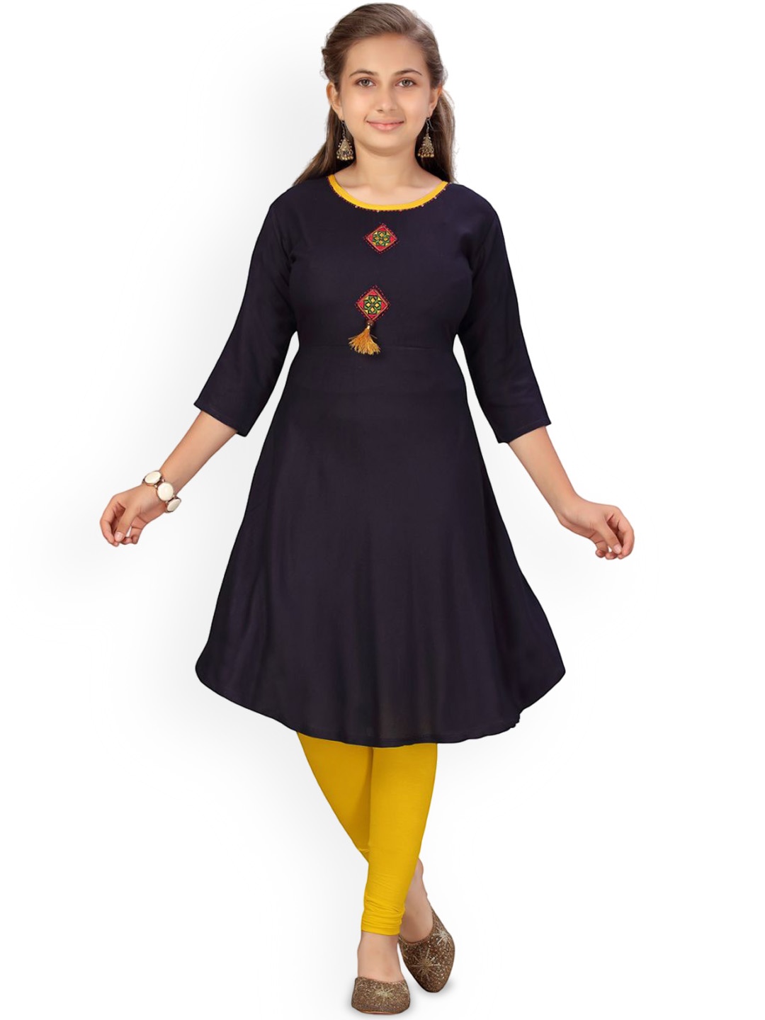 

BAESD Girls Thread Work Cotton A-Line Kurta, Navy blue