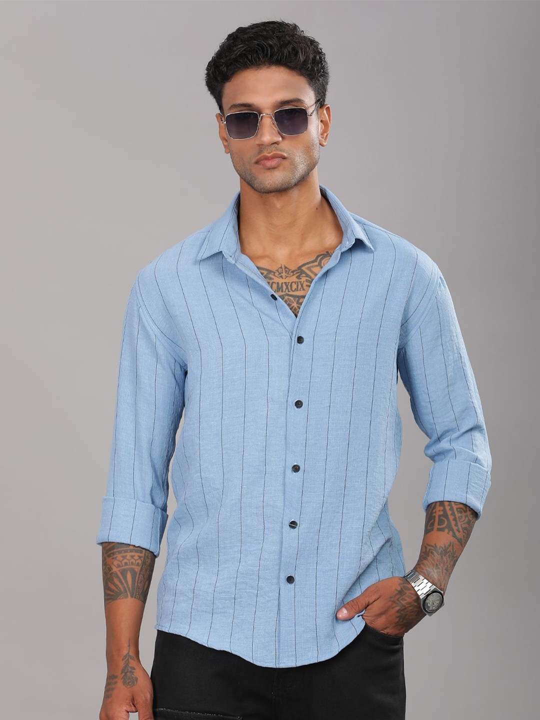 

PAUL STREET Men Standard Spread Collar Vertical Striped Slim Fit Casual Shirt, Blue