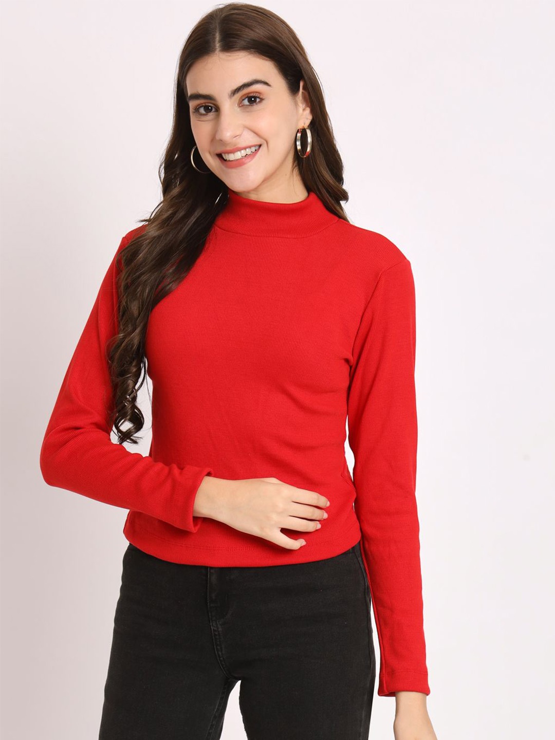 

BAESD Women Solid High Neck Cotton Top, Red