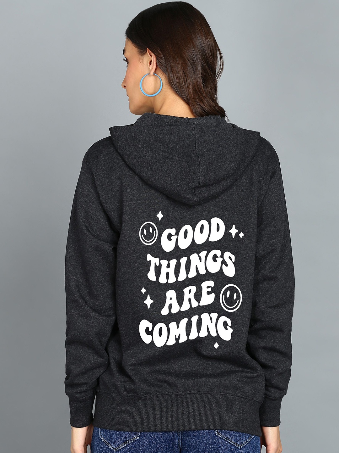 

FALTU.CO Women Typography Printed Hooded Ribbed Cotton Sweatshirt, Charcoal