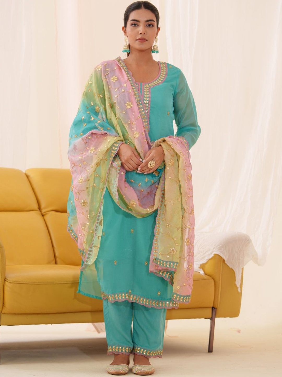 

Sangria Embroidered Kurta With Trousers & Dupatta, Blue