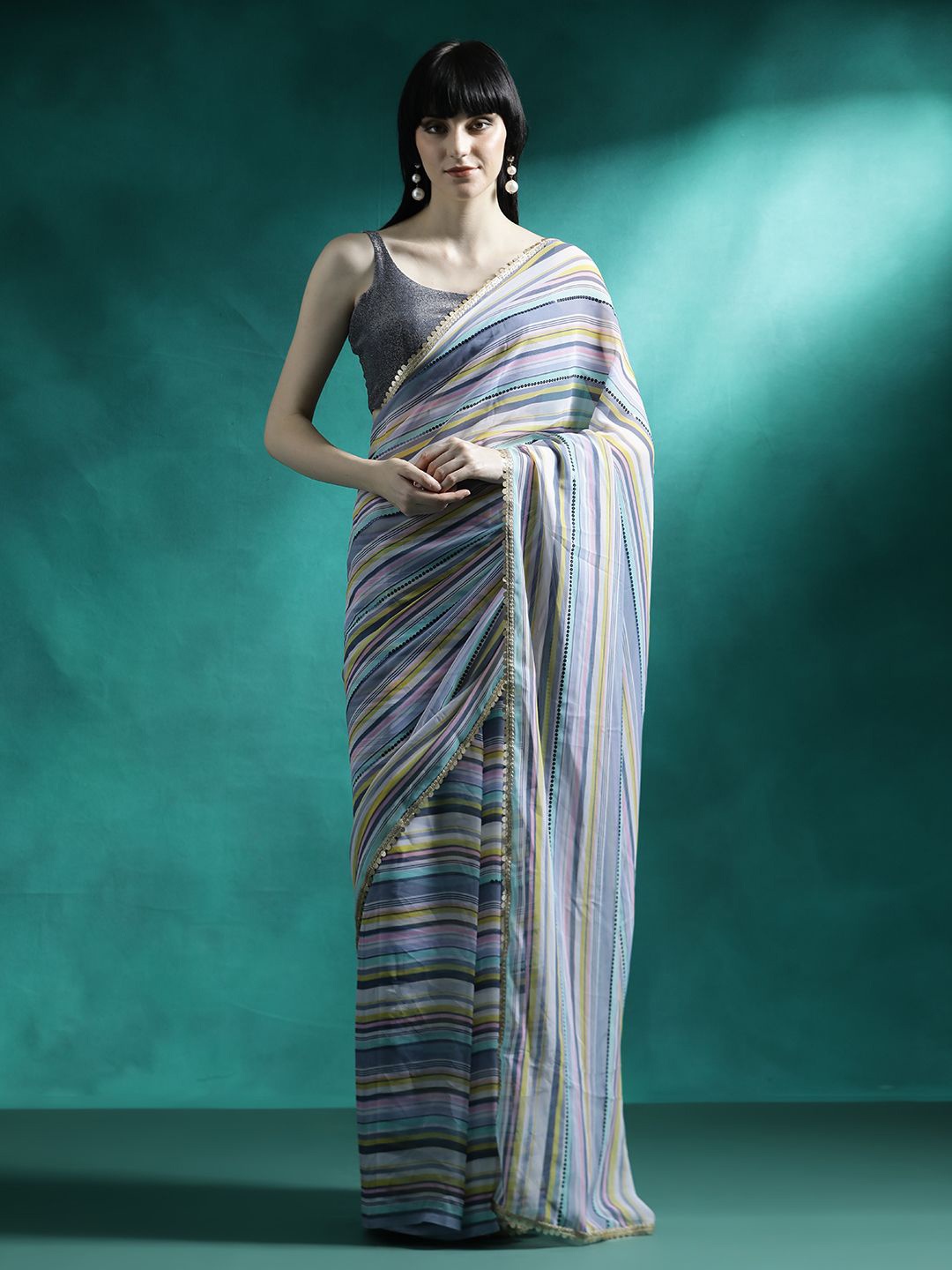 

Sangria Striped Printed Embellished Sequinned Saree, Blue