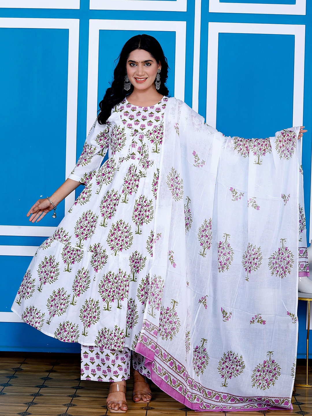 

Shriji fashion Floral Printed Pure Cotton Tiered Anarkali Kurta With Trouser & Dupatta, White