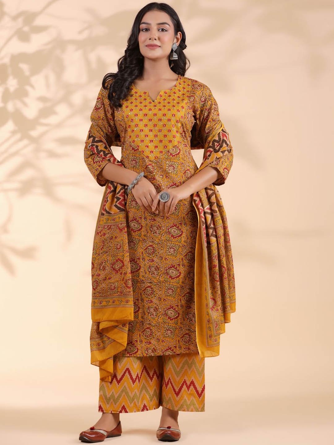 

Vbuyz Floral Printed Regular Sequinned Pure Cotton Kurta With Palazzos & Dupatta, Mustard