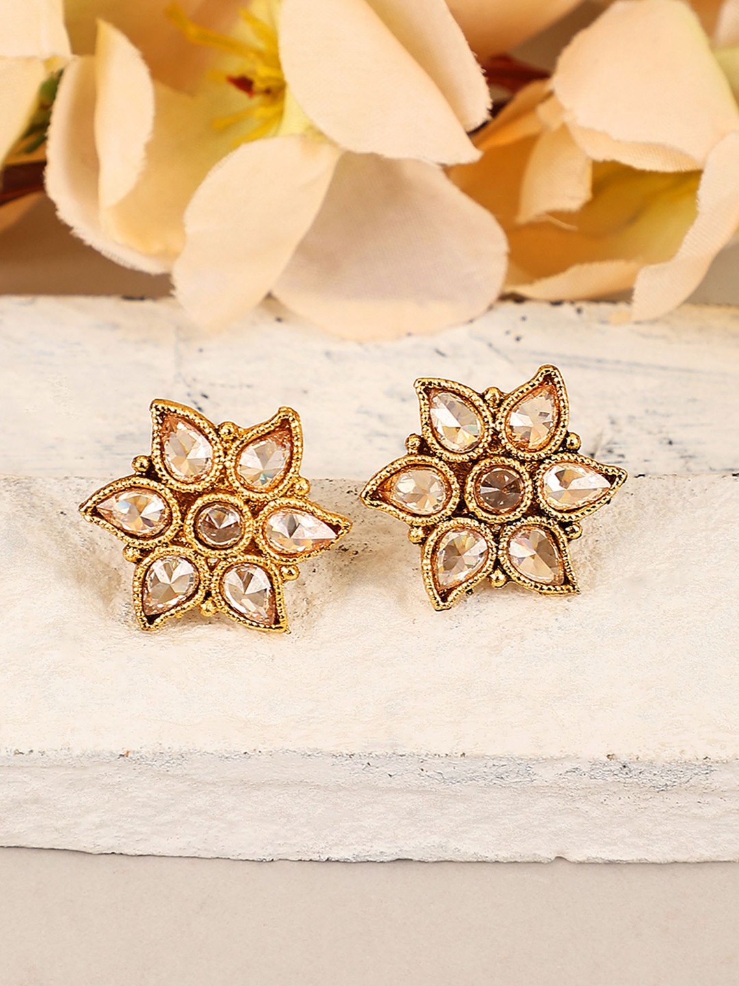 

ANIKAS CREATION Gold Plated American Diamond Floral Studs