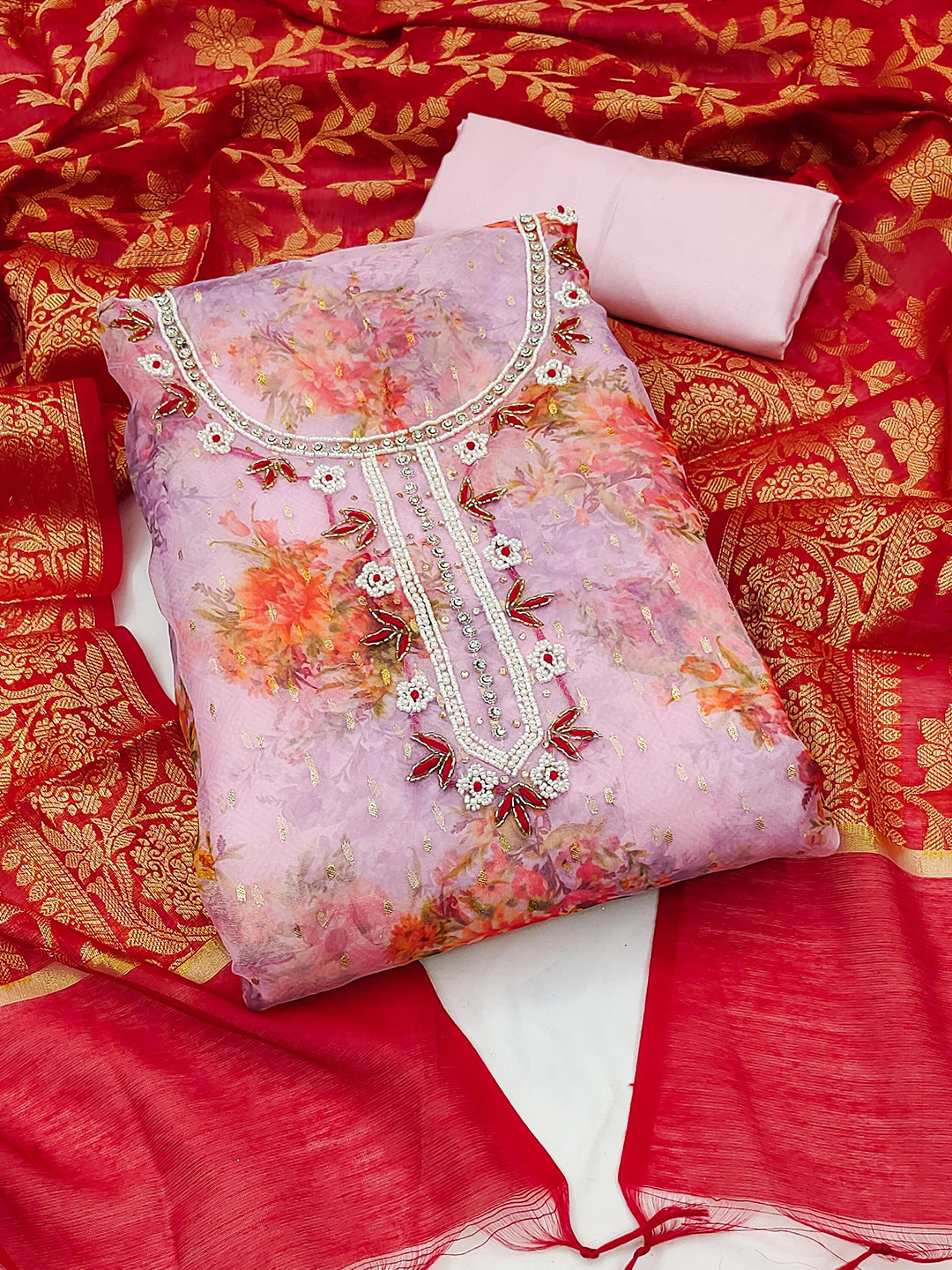 

Ishin Purple & Red Floral Printed Organza Unstitched Dress Material