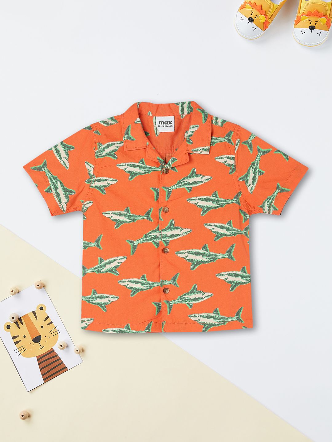 

max Boys Cuban Collar Conversational Printed Cotton Casual Shirt, Orange