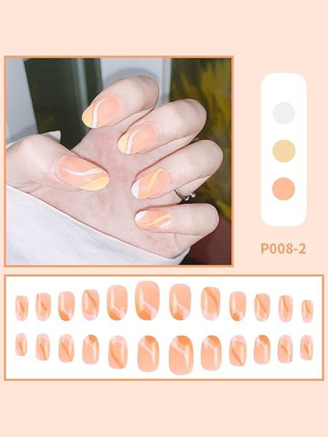 

Coslifestore 24-Pcs Acrylic Gel Artificial Press On Nails - Ombre Peach-White Swirls