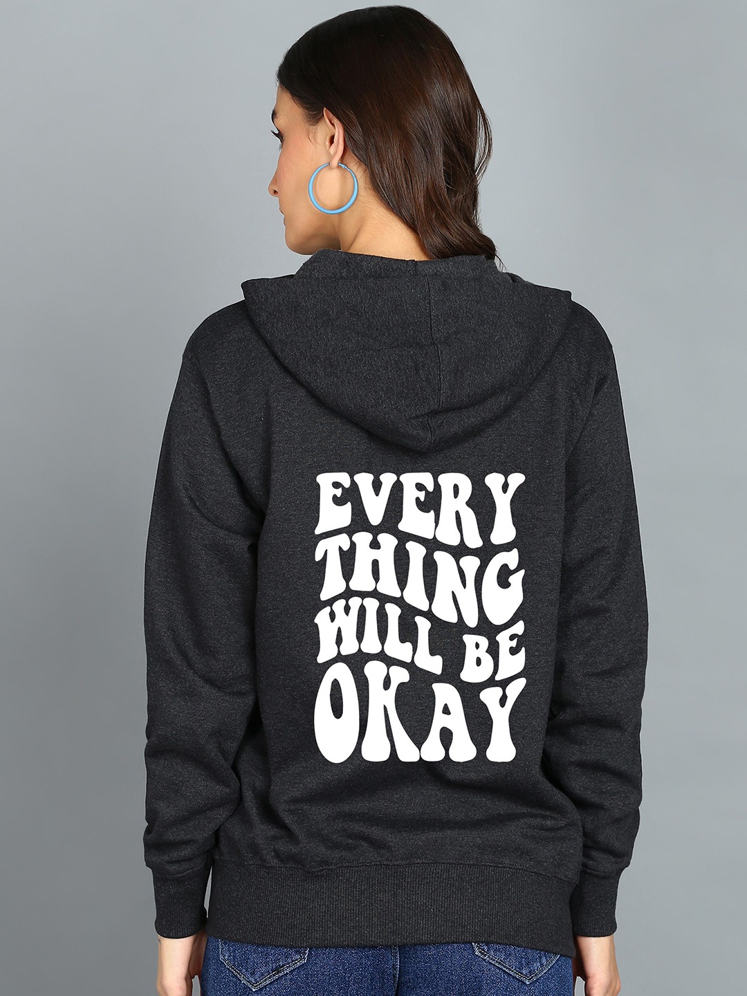 

FALTU.CO Women Typography Printed Hooded Ribbed Cotton Sweatshirt, Charcoal