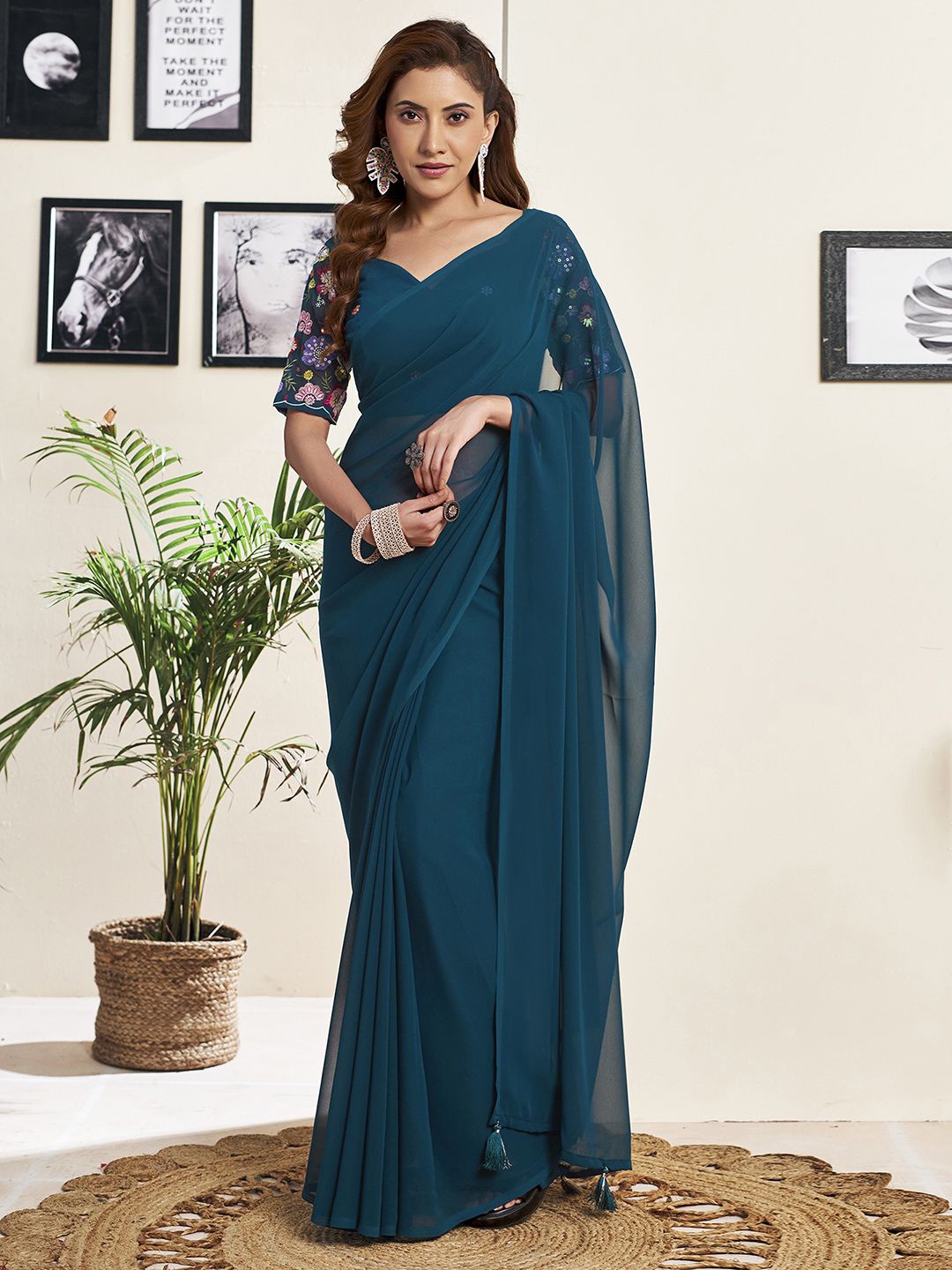 

all about you Pure Georgette Saree, Blue
