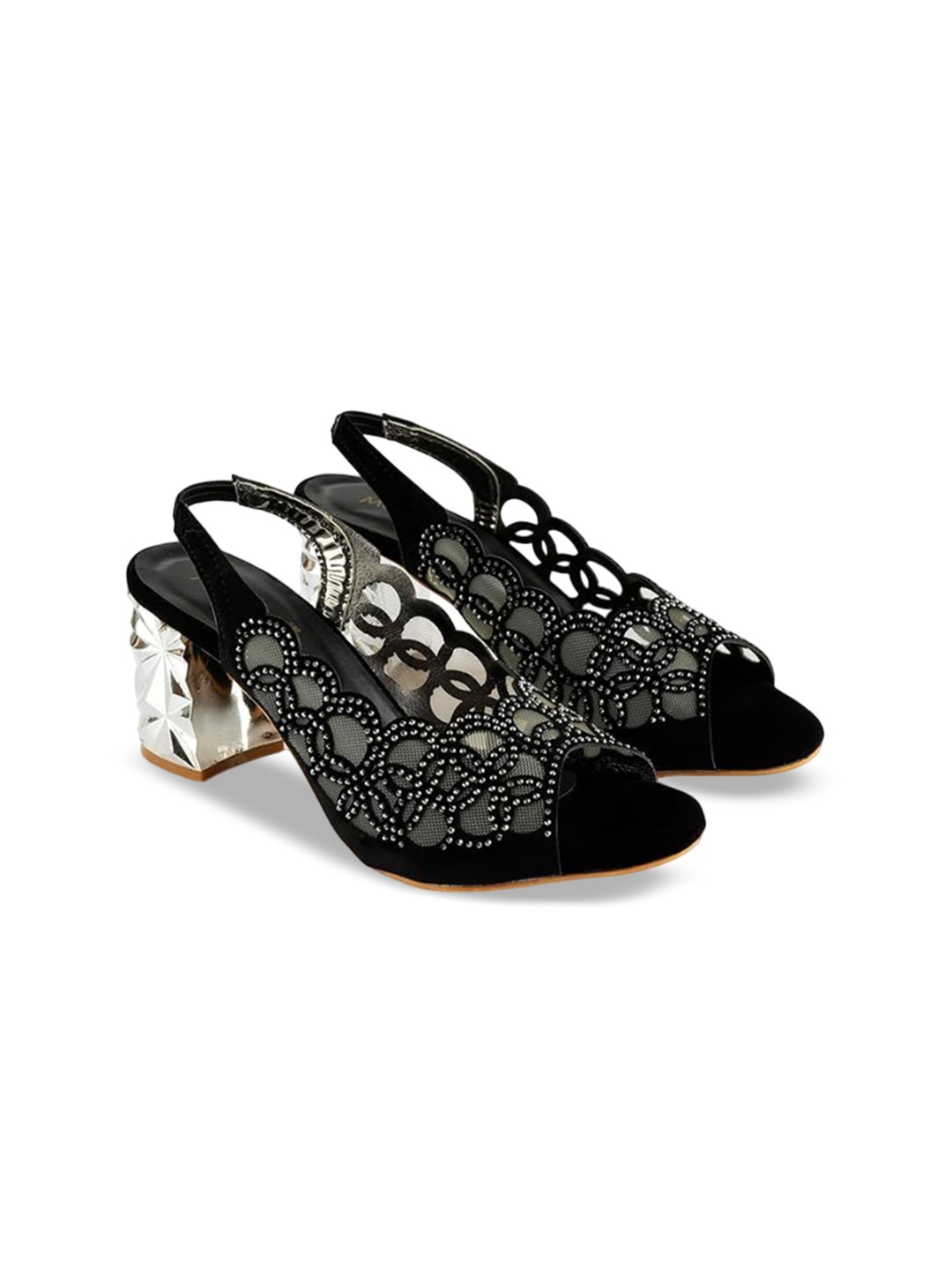 

MOSAC Women Velvet Embellished Party Block Sandals, Black