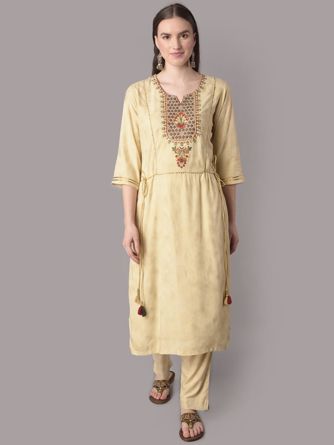 

Shree Ethnic Motifs Embroidered Regular Sequinned Liva Kurta with Trousers, Beige