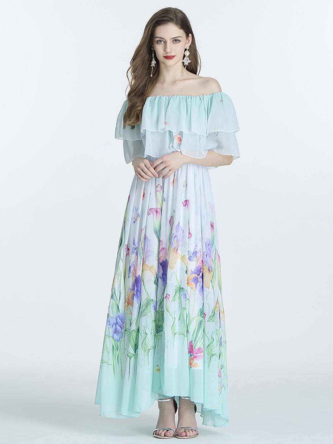 

JC Collection Women Floral Printed Off-Shoulder Flutter Sleeves Maxi Dress, Blue