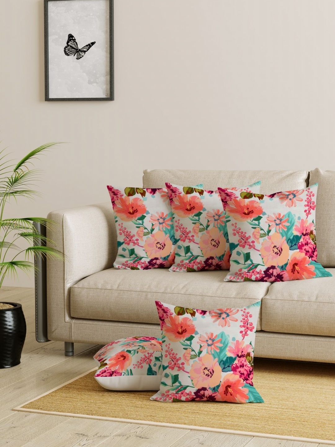 

EverHOME Pink & White 5 Pieces Floral Printed Jute Cotton Square Cushion Covers