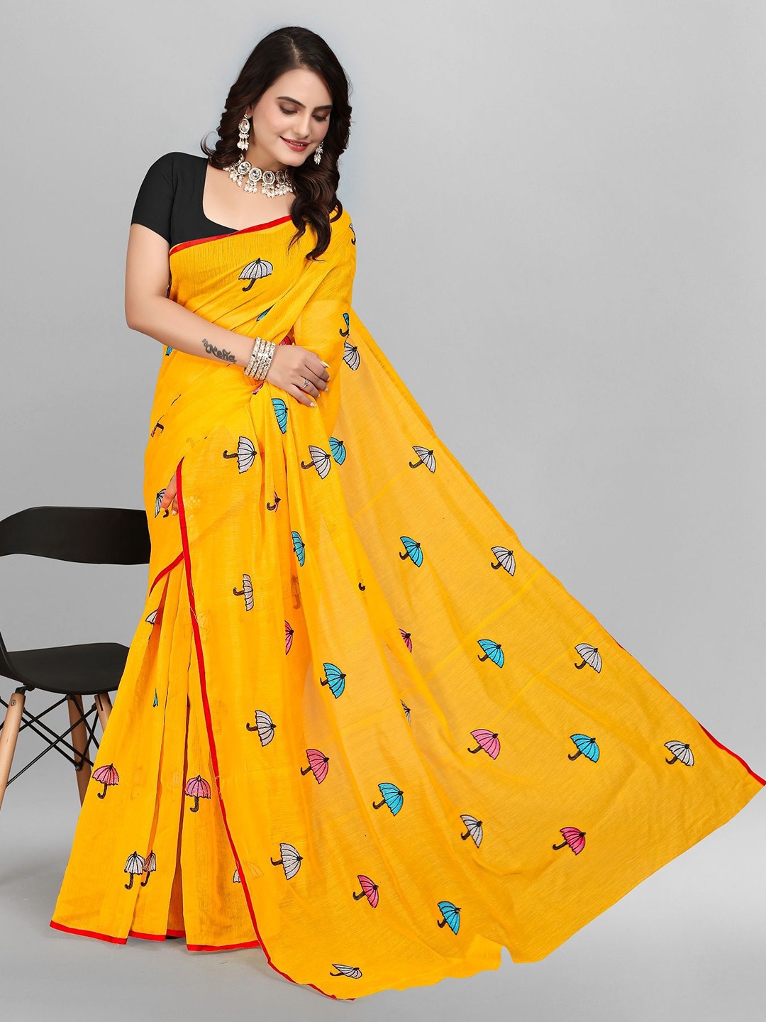 

Aika Abstract Embroidered Pure Cotton Chanderi Ready to Wear Saree, Yellow