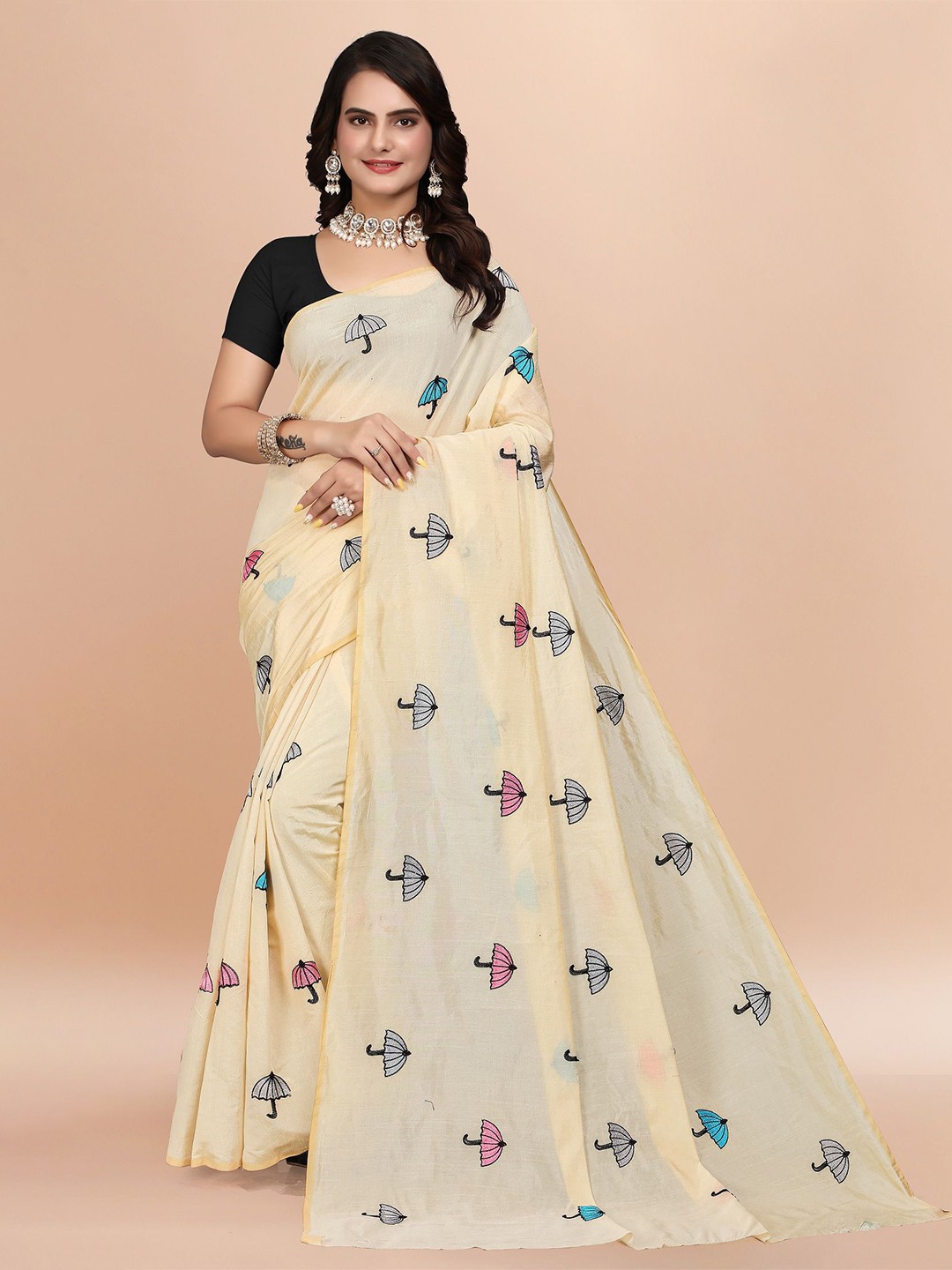 

APNISHA Embroidered Pure Cotton Chanderi Saree, Cream