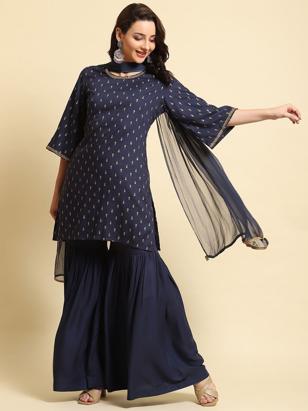 

Shree Ethnic Motifs Printed Gotta Patti Straight Kurti with Sharara & Dupatta, Navy blue