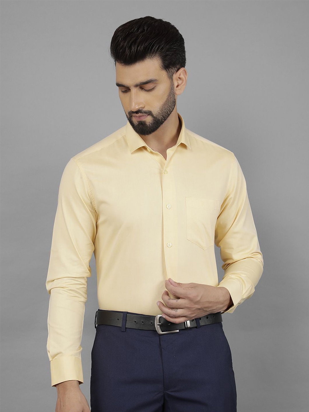 

Canary London Men Smart Spread Collar Solid Cotton Slim Fit Formal Shirt, Yellow