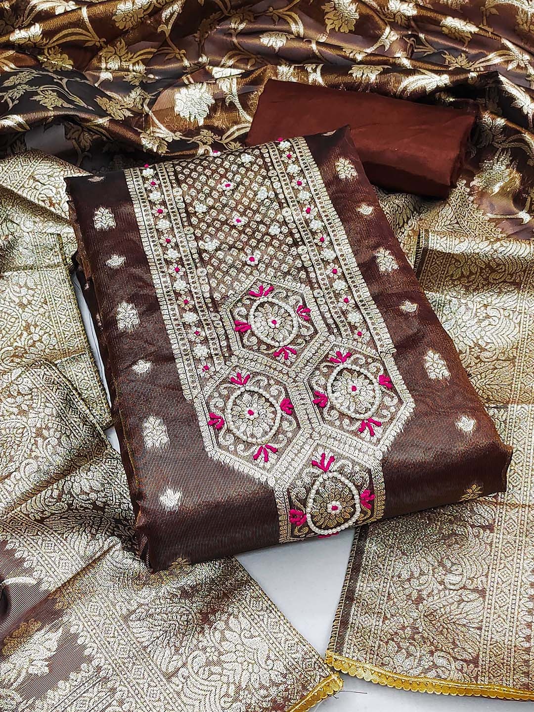 

Ishin Embroidered Thread Work Unstitched Dress Material, Brown