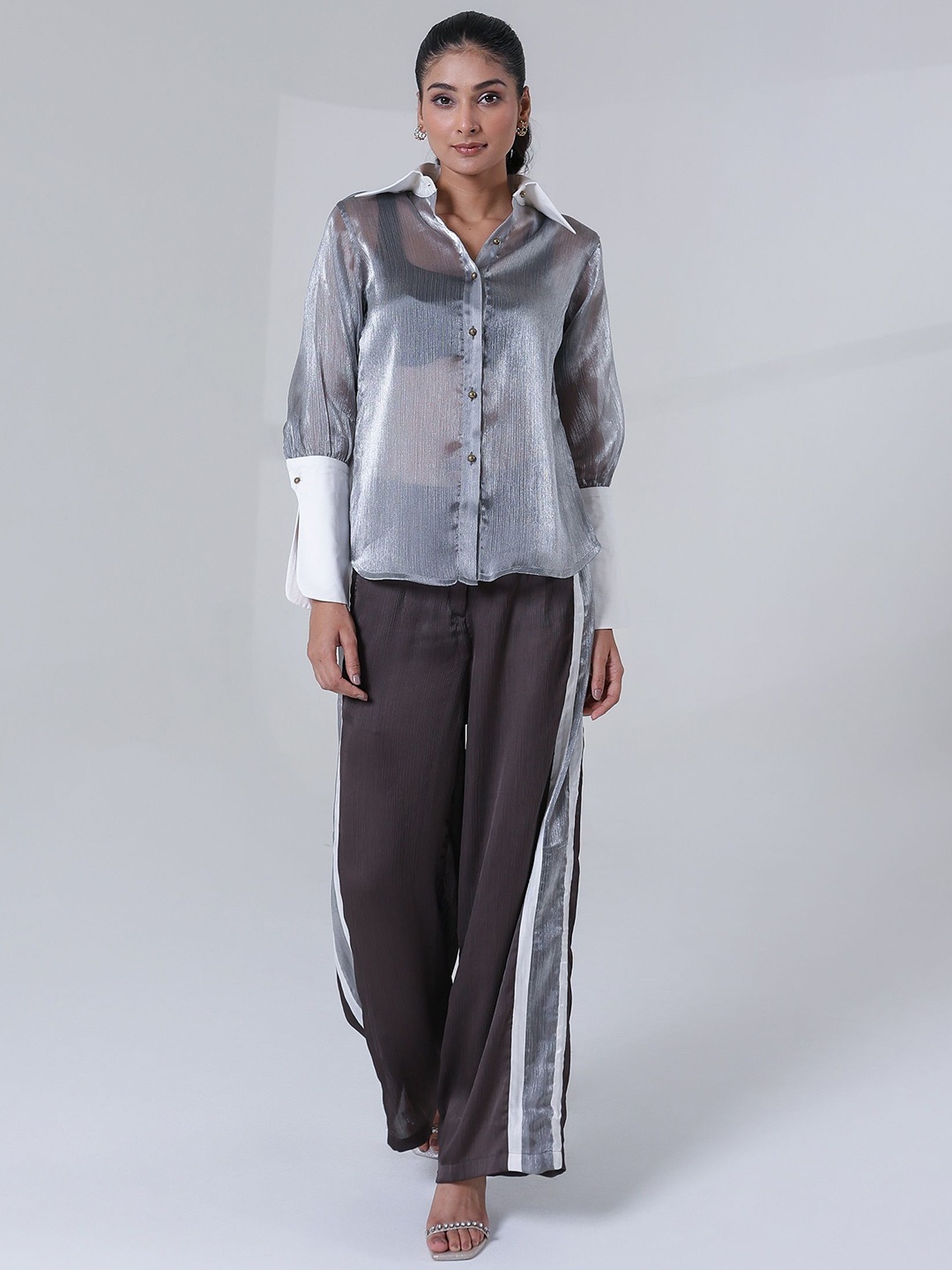 

MQ Marquino Embellished Sheer Shirt With Trouser, Grey