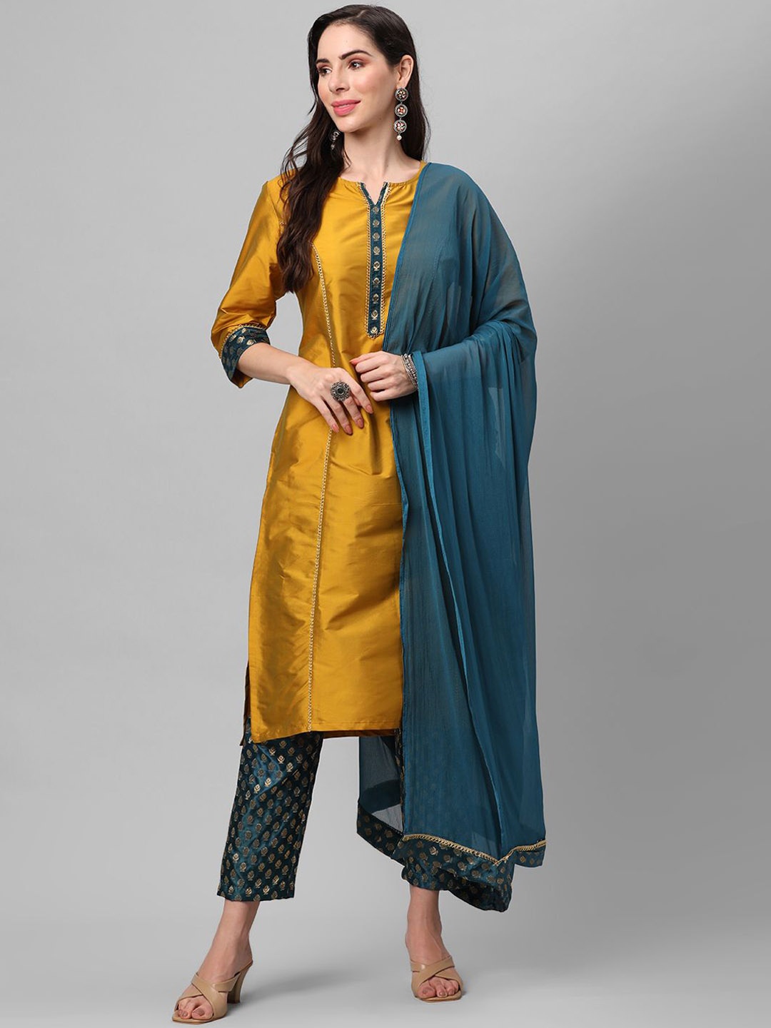 

Shree Notched Neck Zari Straight Kurta With Trousers & Dupatta, Mustard