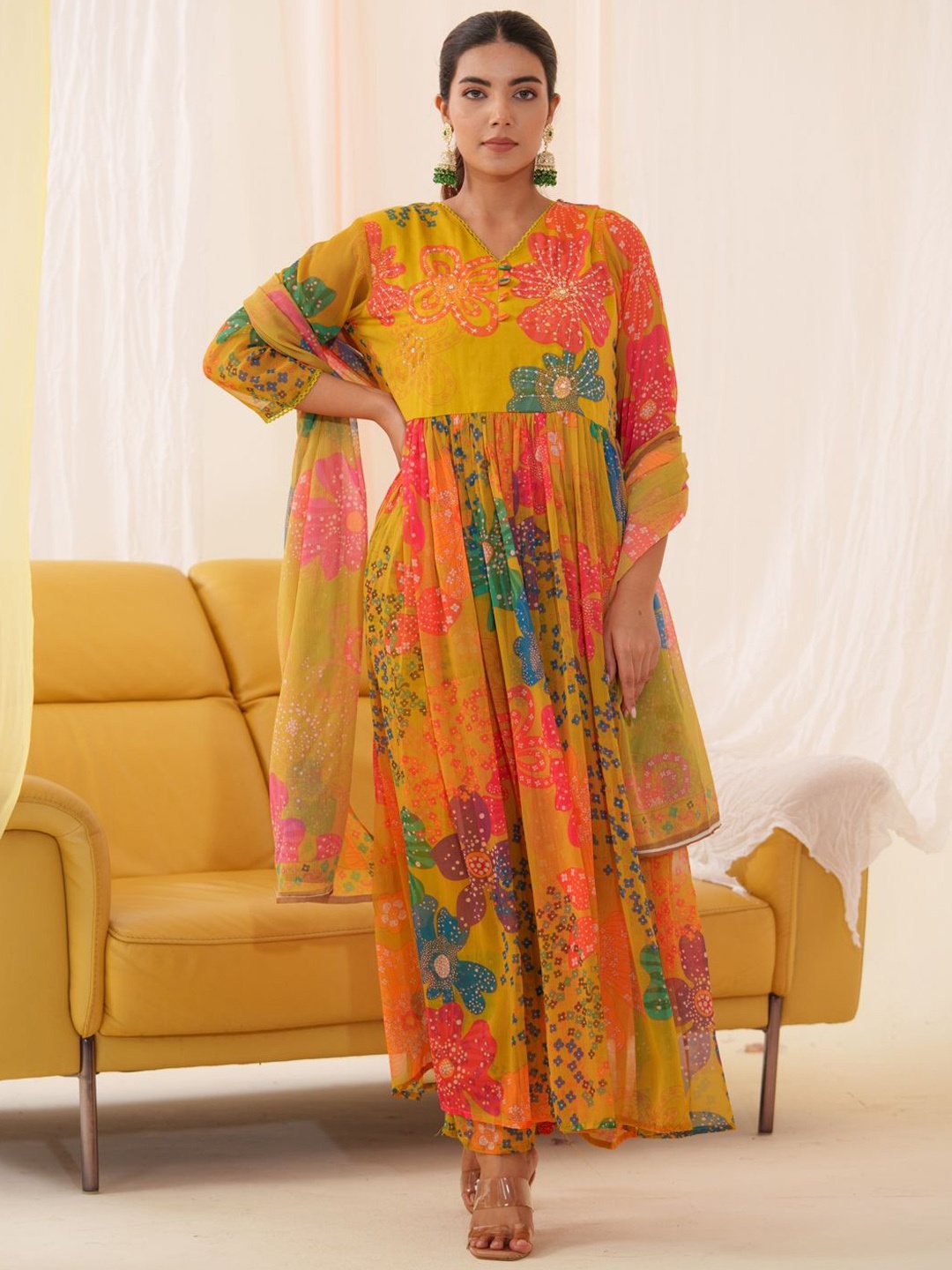 

Sangria Floral Embroidered Sequinned Anarkali Kurta With Trousers & Dupatta, Yellow